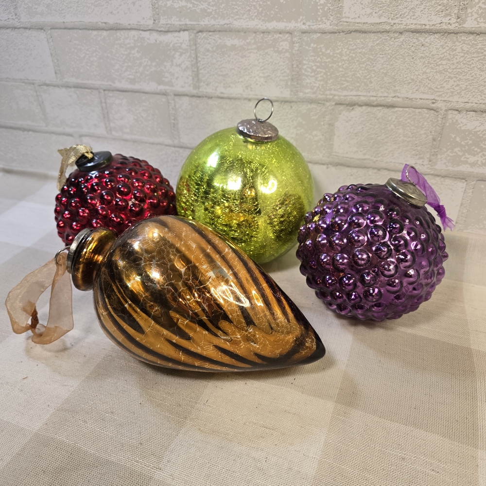 Vintage Kugel Style Mercury Glass Blown Glass Textured Ornaments Large X4